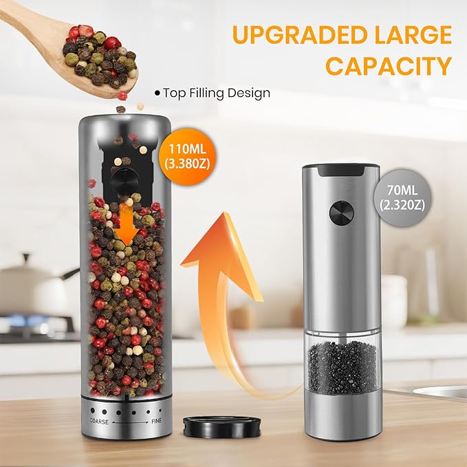Electric Salt Grinder Set with Rechargeable Base Stainless Steel Grinders with Variable Grinding Speed, External Adjustable Coarseness and White LED Light, Silver - Bloomnest