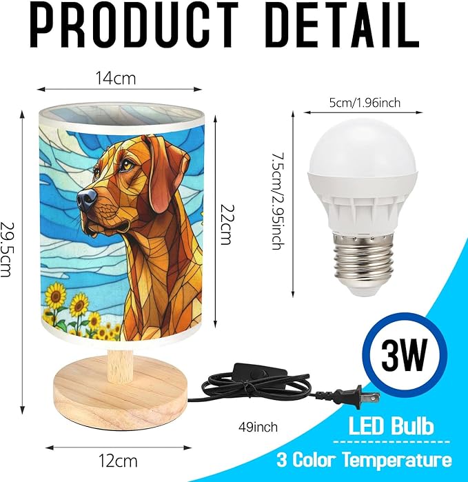 Vizsla Table Lamp LED 3-Color Pressed Bedside, Dog Shade Lamp with Wood Base for Bedroom Living Room Desk Office - Bloomnest