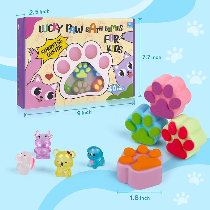 Bath Bombs for Kids with Surprise Inside, 40 Large Number Pack Paw Shape Bath Bombs Gift Set, Natural Organic Kids Bubble Bath Fizzy for Girls Boys with Bath Toys Inside - Bloomnest