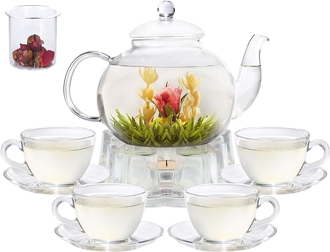 Glass Teapot Set, 40OZ/1200ml Stovetop Safe Glass Tea Kettle with Removable Infuser & Tea Warmer, Tea Cups and Saucers Set of 4, Blooming Tea & Loose Leaf Tea Maker Set for Women - Bloomnest