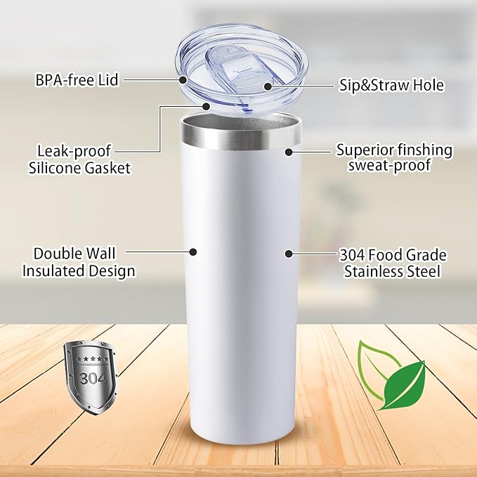 20 oz Skinny Tumblers with Lid and Straw,Stainless Steel Vacuum Insulated Tumbler Cup Double Wall Travel Coffee Mug, Thermal Water Tumbler for Hot and Cold Drinks(White,8)