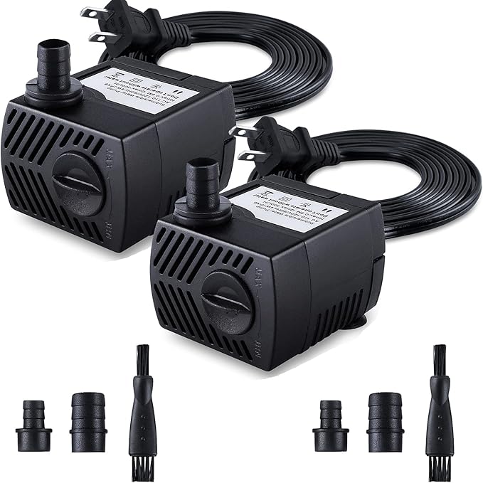 Fountain Pump, 2 Packs 80GPH(4W 300L/H) Submersible Water Pump, Durable Outdoor Fountain Water Pump with 7.2ft（2.2m） Power Cord, 3 Nozzles for Aquarium, Pond, Fish Tank, Water Fountain Pump - Bloomnest