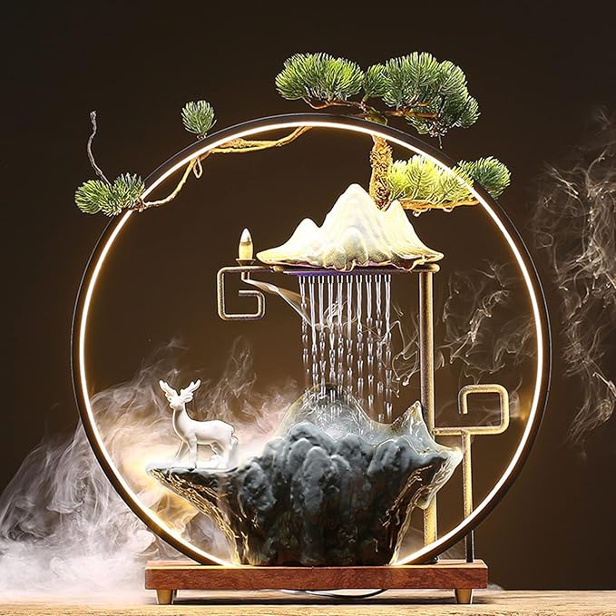 17In Water Fountains Indoor Tabletop Water Fall Humidifier with LED Light and Atomizer Mist, Zen Decor Meditation Japanese Decor Fake Plants Feng Shui Decor Festival Birthday Gift for Good Luck Wealth - Bloomnest