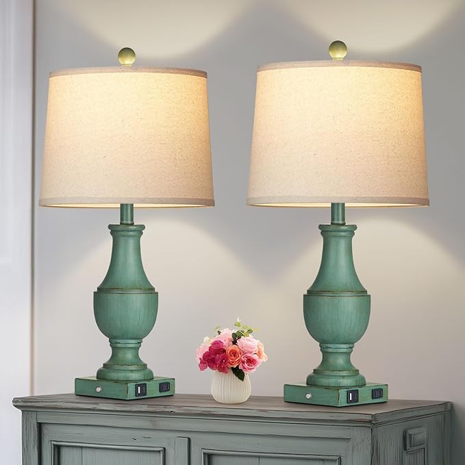 Farmhouse Table Lamp Set of 2, Rustic Touch Control 3-Way Dimmable Lamps with USB A+C Charging Ports & AC Outlet, Vintage Retro Antique Bedside Lamp for Living Room Bedrooms Nightstand Green - Bloomnest