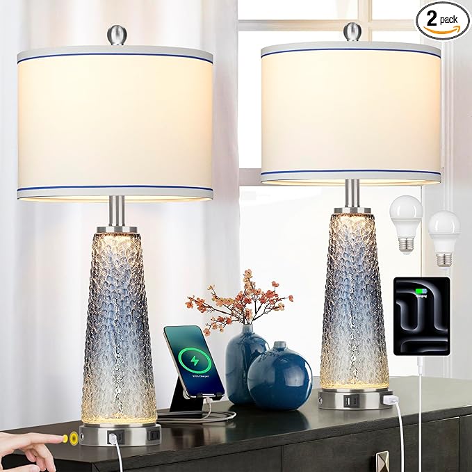 Coastal Glass Table Lamps for Living Room, 26" Table Lamps with USB A+C Ports & AC Outlet, Touch Control Bedside Nightstand Lamp with Crystal Night Light for End Table Office Desk Blue(Bulbs Included) - Bloomnest