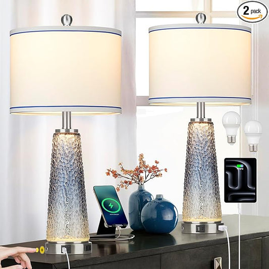 Coastal Glass Table Lamps for Living Room, 26" Table Lamps with USB A+C Ports & AC Outlet, Touch Control Bedside Nightstand Lamp with Crystal Night Light for End Table Office Desk Blue(Bulbs Included) - Bloomnest