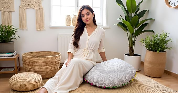 CRAFT KALA Large Round Bohemian Floor Pillow Pouf Cover Mandala Meditation Room Pillow Cover for Adults Boho Seating Poufs Cushion Cover for Kids Playroom 32" Round Silver Flower - Bloomnest