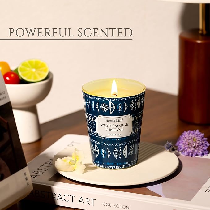 HomeLights Scented Candles for Women & Men, 6.7oz Candle Jars Aromatherapy Single Wick Candle, Ideal for Bohemian Natural Textures Home Decor and Gifts, White Jasmine Tuberose - Bloomnest