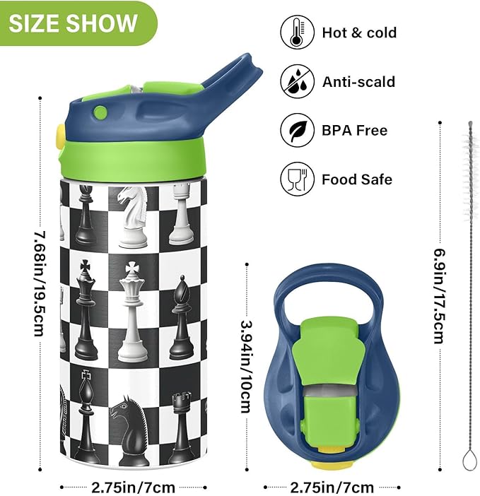 Black White Buffalo Plaid Chess Kids Water Bottle with Straw Lid Insulated Tumbler with Handle Stainless Steel Reusable Toddlers Cup for Kids Boys 12 oz - Bloomnest