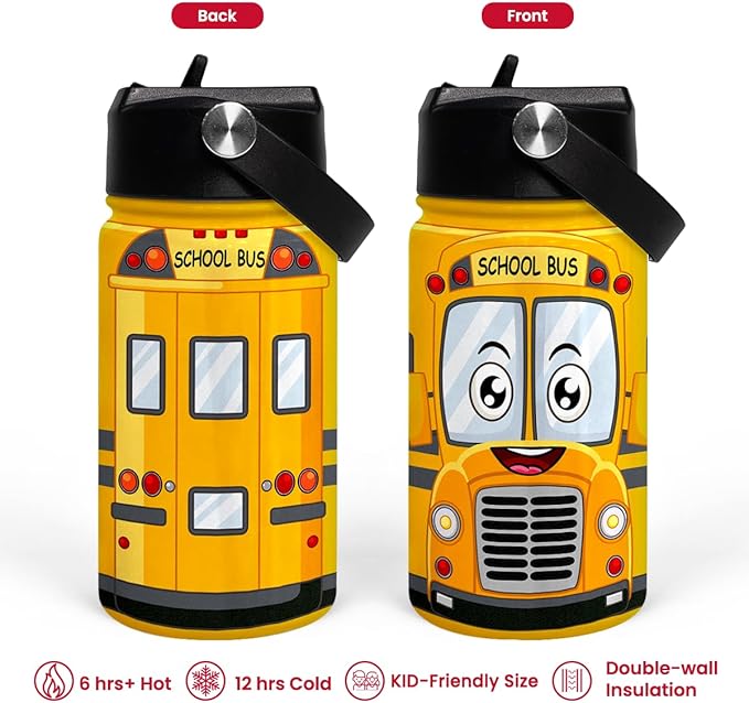School Bus Water Bottle - Kids Water Bottle with Straw Lid - 12 Oz Insulated Stainless Steel Water Bottles for Kid Boys - Travel Cup for School Sports - Bloomnest