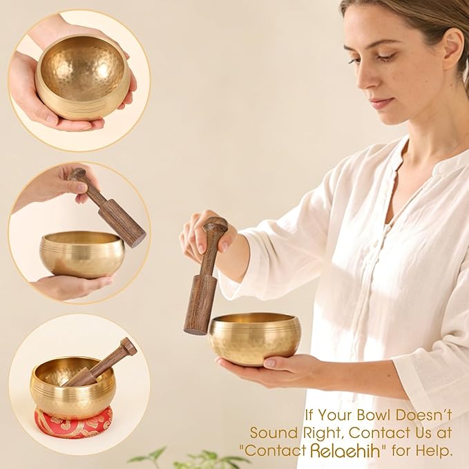 Relaehih 2-Pack Tibetan Singing Bowls Set - 100% Handmade in Nepal, Sound Bowl Meditation Set for Yoga, Chakra Healing, Meditation Gifts, Unique Gifts for Women RelaehihforEveryone