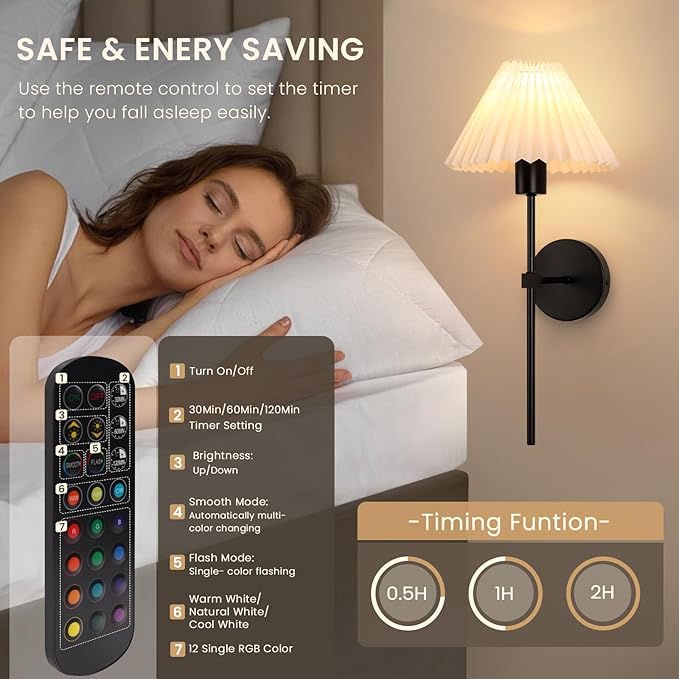 Rechargeable Battery Operated Wall Sconces Sets of 2, 15 Colors Wireless Wall Sconce, Black Wall Lights Fixture with Dimmable Bulbs and Remote, Not Hardwired Wall Mounted Lamps for Bedroom Living Room - Bloomnest