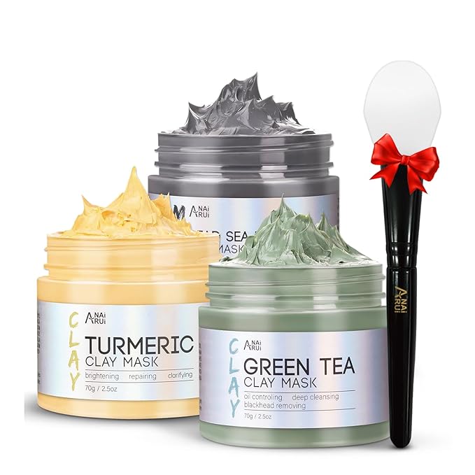 ANAI RUI 3 Pcs Face Mask Set - Turmeric Clay Mask - Green Tea Face Mask - Dead Sea Mud Mask for Oily Skin, Blackheads & Pores - Spa Gift Set Self Care Valentines Day Gifts for Women (2.5 oz Each) - Bloomnest