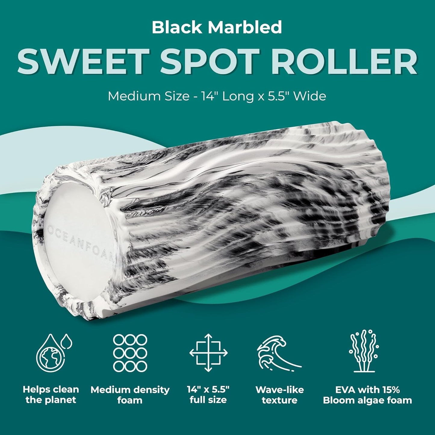 Oceanfoam Sweet Spot Medium Exercise Foam Roller 14"x5.5" – Medium Density Foam Roller for Physical Therapy, Deep Tissue Massage, Yoga, Pilates, Classic Exclusive Wave Texture (Black Marbled)
