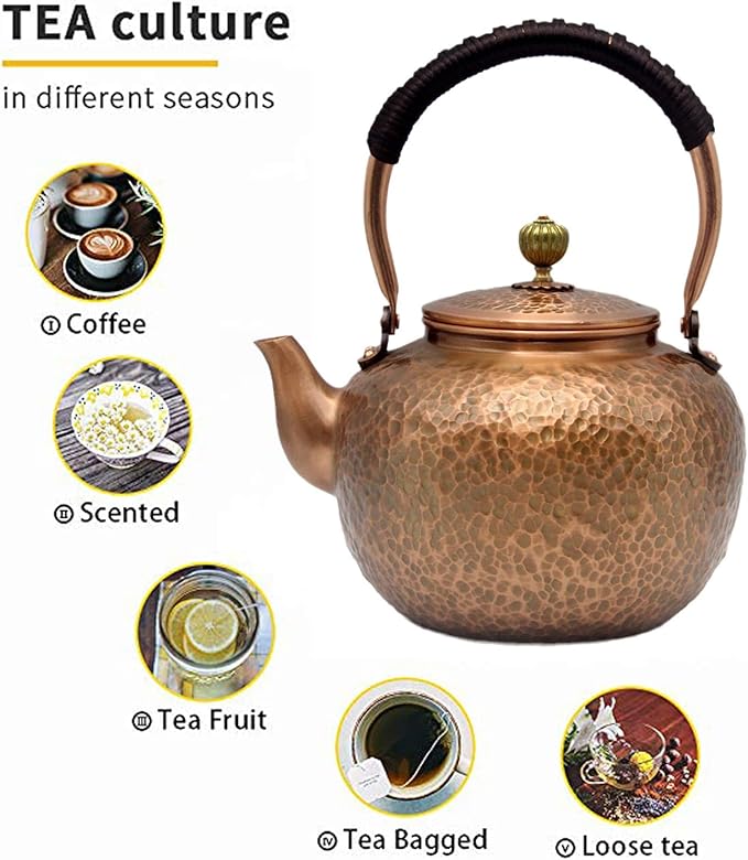 50.7oz Elegant Chinese Style Copper Tea Kettle For Stovetop, Non-Coating Pure Copper Teapot with Stainless Steel Infuser For Loose Tea, Large and Solid Tea Pot(1500ml) - Bloomnest