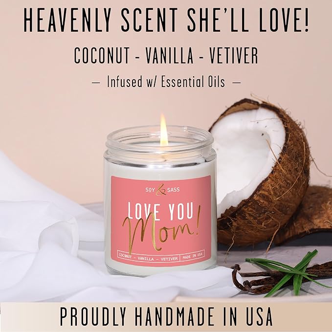 Gifts for Mom, Mom Birthday Gifts, Mothers Day Gifts for Mom - 'Love Mom' Soy Candle, w/Coconut & Vanilla I Birthday Gifts for Mom Gifts from Daugher or Son I 50Hr Burn, USA Made - Bloomnest