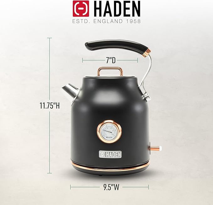 Haden Dorset 1.7 Liter Stainless Steel Electric Kettle, Hot Water Kettle with 360-Degree Base and Auto Shutoff, Black & Copper - Bloomnest