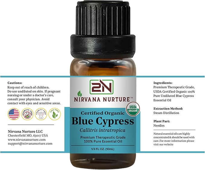 Blue Cypress Essential Oil, USDA Certified Organic, 100% Pure Undiluted, Aromatherapy Oil for Diffuser, Hair & Skin Care NirvanaNurture