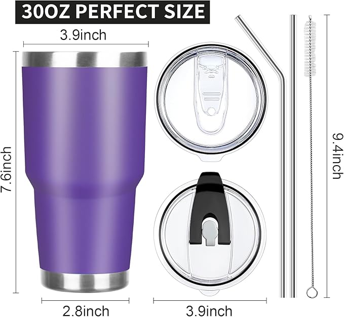 30 oz Tumbler with Lids and Straws Double Wall Vacuum Insulated Tumbler Cup,Stainless Steel Leak-proof Thermal Tumbler Powder Coated Travel Coffee Mug for Cold and Hot Drinks,Dark Purple - Bloomnest