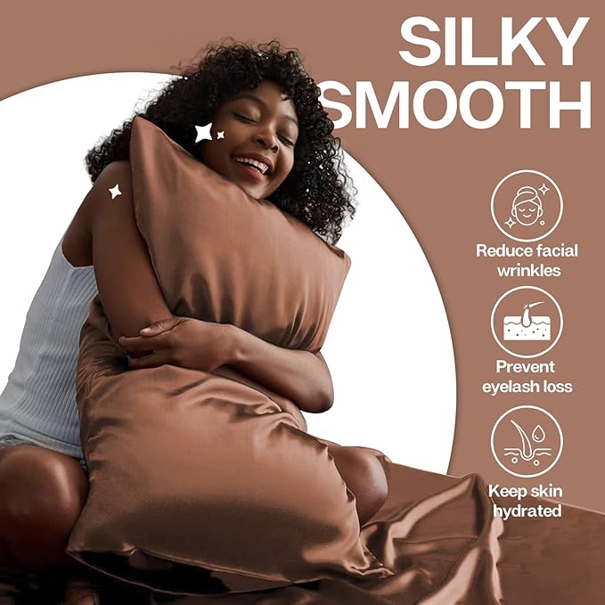 MR&HM Satin Pillowcase for Hair and Skin, Silk Satin Pillowcase 2 Pack, Standard Size Pillow Cases Set of 2, Silky Pillow Cover with Envelope Closure (20x26, Mocha Mousse) - Bloomnest