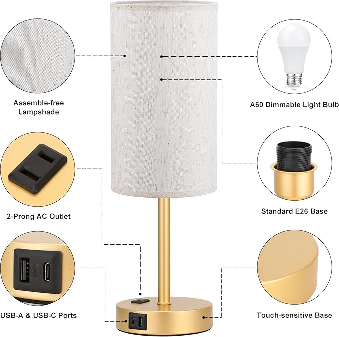 Fenmzee Touch Table Lamp - Cream, 3-Way Dimmable, USB A + C Charging, AC Outlet, 17.4inch Medium, Gold Metal Base - Bloomnest