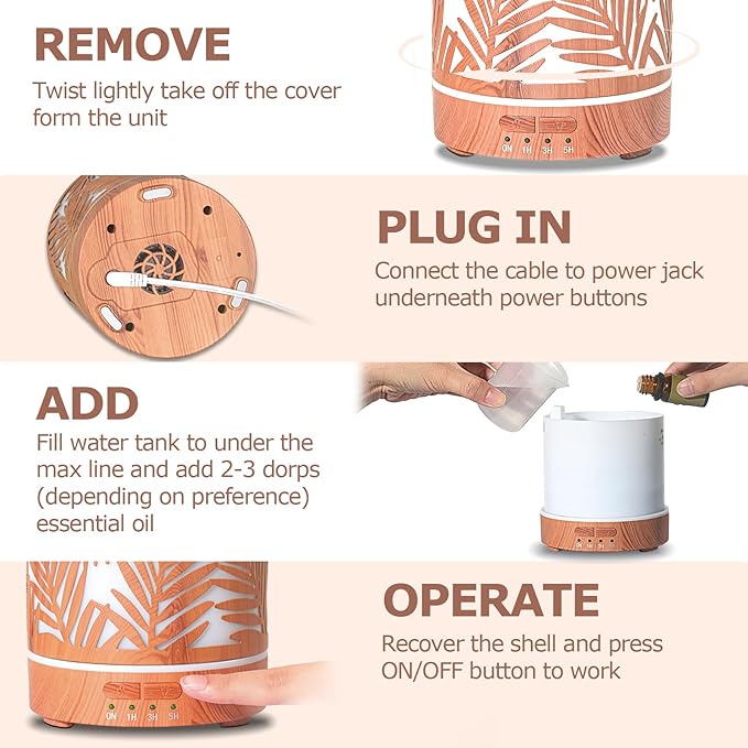 Essential Oil Diffuser Metal Aromatherapy Oil Diffusers for Large Room,Water Plants Pattern Ultrasonic Cool Mist Diffuser with Waterless Auto Shut-Off Protection,for Home Office,300ML - Bloomnest