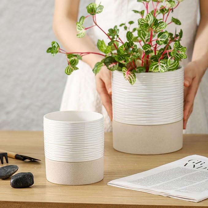 Nihow Self Watering Plant Pot: 4.5 Inch Ceramic Planter with Drainage Hole & Water Storage Plus for Indoor & Outdoor Plants - Cylinder Flower Pot for Herbs/Violets - White & Brown - Bloomnest
