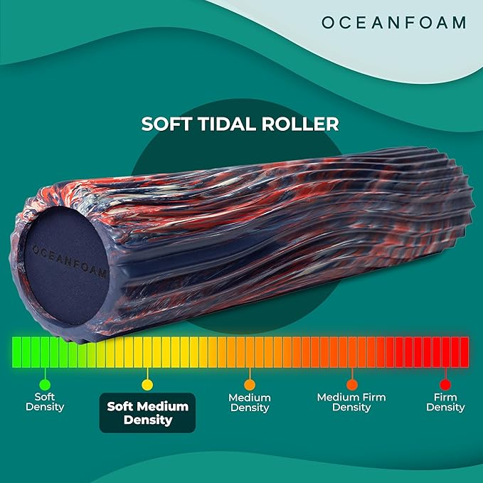 Oceanfoam Soft Tidal Roller (Dark Navy, Red and Natural Marbled) - Low Density Foam Roller for Physical Therapy, Back Pain, Exercise & Stretching - Wave Textured - Yoga, Wellness - Full Size, 20" x 5" - Bloomnest