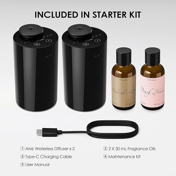 Airversa Waterless Essential Oil Diffuser Starter Kit with 2 x 30mL Fragrance Oil, Battery Operated Mini Scent Air Machine Portable Diffuser for Home Car Office Room, Black AN6 2 Packs Kit - Bloomnest
