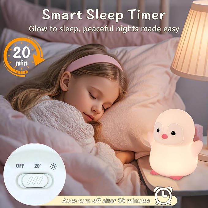 Pink Penguin Night Light,Food Grade Soft Silicone Nursery Nightlight for Baby,LED Squishy Novelty Animal Bedside Lamp,Rechargeable/Dimmable/Timer,Funny Gifts for Kids Girls Adults Teens - Bloomnest