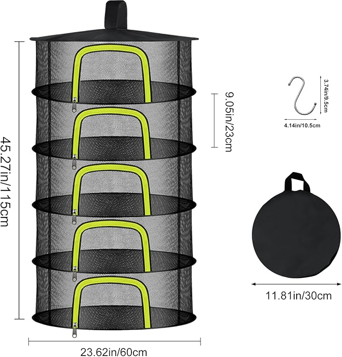 5 Layer Herb Drying Rack, Herb Drying Rack Hanging Mesh, Foldable Bud Drying Net with U-Shaped Zipper, Hooks, for Drying Herbs Plants, Flowers, Fruits, Food, Camping (5 Layers-23.62'') - Bloomnest