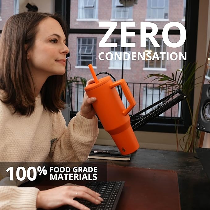 Elemental 40 oz Tumbler with Handle and Straw - Spill Proof Insulated Stainless Steel Commuter for Hot and Cold Beverages - Travel Coffee Mug with 2 Straws & Spill Proof Lid - 40oz - Orange - Bloomnest