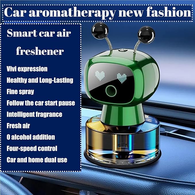 Robot Intelligent Aromatherapy Machine, Smart Cute Robot Car Air Freshener - Fine Spray/Fillable/Four-Gear Adjustment/Vibration Sensing/On-Off/Large Capacity Long-Lasting Fragrance/Green-V2(Gardenia) - Bloomnest