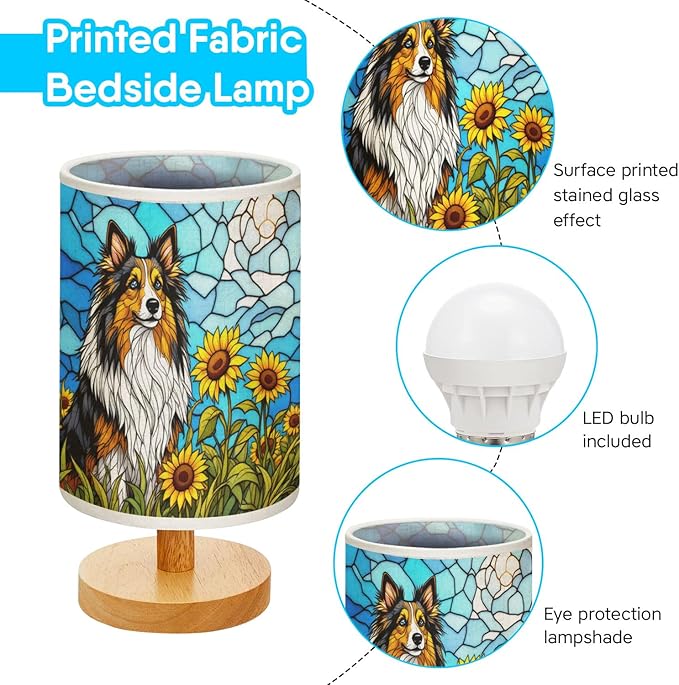 Shetland Sheepdog Table Lamp LED 3-Color Pressed Bedside, Dog Shade Lamp with Wood Base for Bedroom Living Room Desk Office - Bloomnest