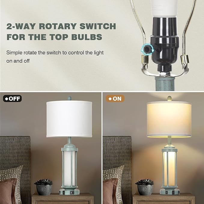 Farmhouse Table Lamps for Living Room, 27" Vintage Rustic Beside Lamp Set of 2 with USB A+C Charging Ports & AC Outlet, Retro Nightstand Lamp with Fabric Shade for Bedroom Entryway(4 Bulbs Included) - Bloomnest