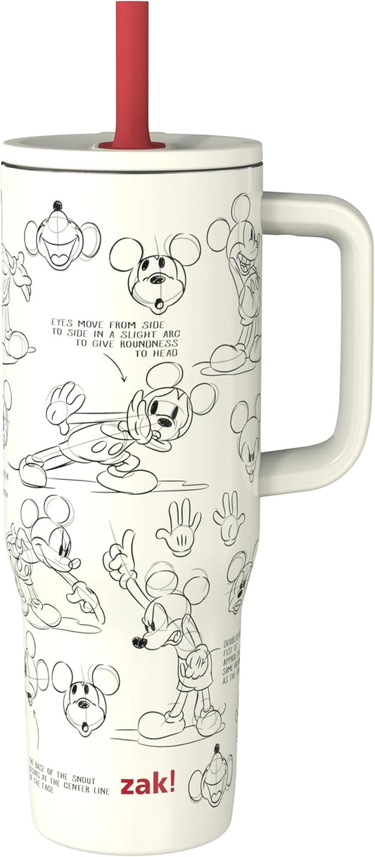 Zak Designs Disney Sutton Travel Tumbler for On the Go, 30oz Stainless Steel with Vacuum Insulation, Silicone Straw, and Carry Handle for Cold Drinks (Mickey Mouse Sketch) - Bloomnest