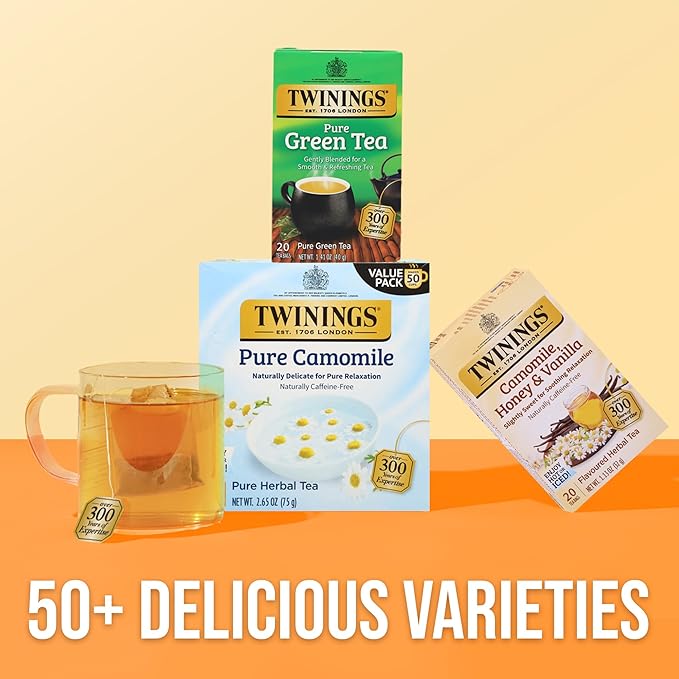 Twinings Pure Camomile Herbal Tea individually Wrapped Bags, 50 Count (Pack of 6), Naturally Caffeine-Free, Enjoy Hot or Iced, 300 Teabags - Bloomnest