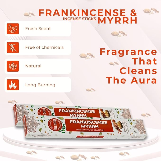 Frankincense and Myrrh Incense Sticks - Total 40 Insence-Sticks - Dual Pack of 20 Insense - Inciensos - Inscents - Natural Non Toxic Ingredients - Incents - Incence - Inscense - Insents TRUMIRI