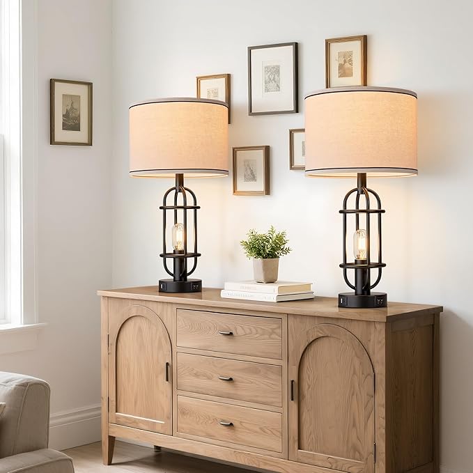 Black Table Lamps for Living Room Set of 2, 22.3" Farmhouse Lamps for Nightstand, Industrial Table Lamps for Bedroom with USB Ports, Bulbs Included - Bloomnest