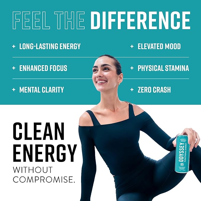 Odyssey Functional Energy Drink for Focus, Cognition & Mood Support 12 Pack - Adaptogenic Drink with 85mg Green Tea Caffeine, Lion’s Mane, Cordyceps, L-Theanine & Ginseng, Sparkling Tropical - Bloomnest