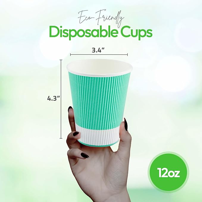 Restaurantware 12 Ounce Ripple Wall Disposable Coffee Cups, 500 Insulated Midnight Light Green Paper Tumblers with Rolled Rim Design, Lids Sold Separately for Hot Drinks like Tea, Hot Chocolate - Bloomnest