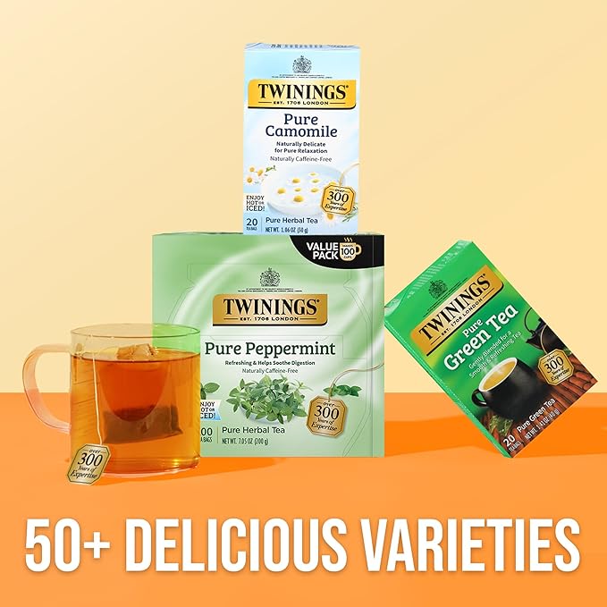 Twinings Pure Peppermint Herbal Tea Individually Wrapped Bags, 100 Count (Pack of 1), Fresh Minty Flavour, Naturally Caffeine-Free, Enjoy Hot or Iced, 100 Teabags - Bloomnest