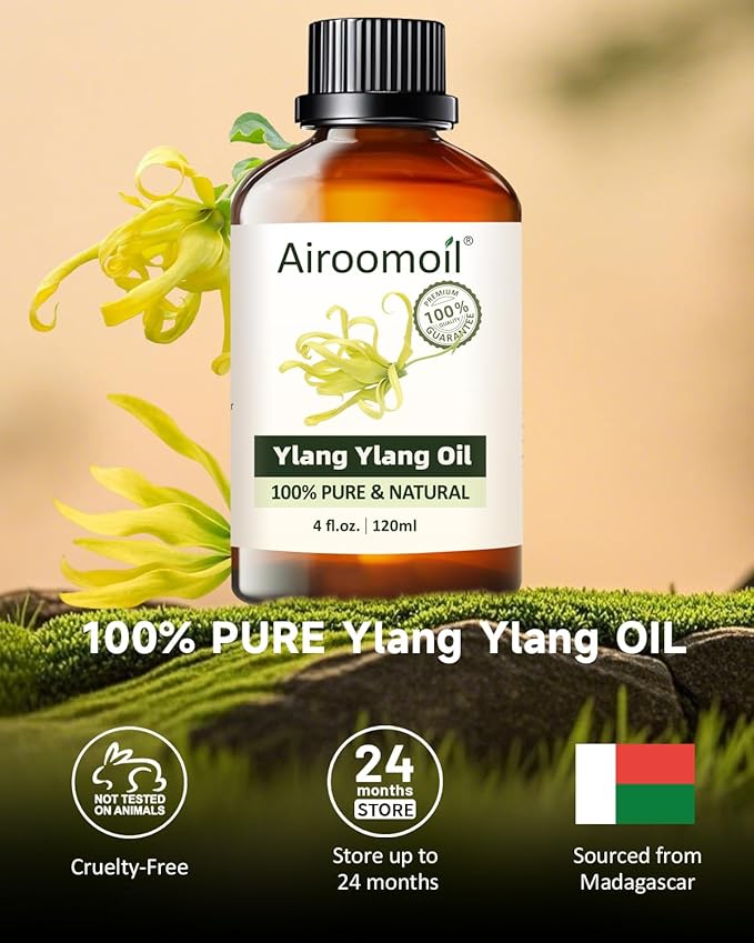 Ylang Ylang Essential Oil for Diffuser & DIY Use, 100% Pure Natural Floral Aroma, Large 4 fl oz Bottle for Daily Diffusing, Candle & Soap Making, Blending with Other Essential Oils Airoomoil