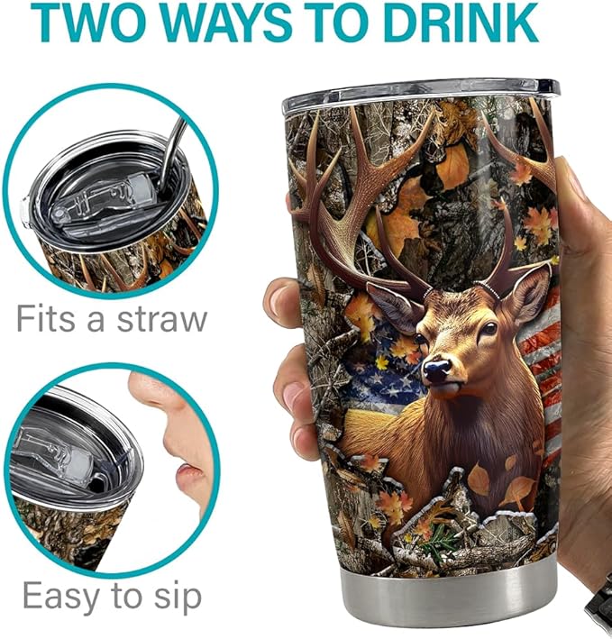 SANDJEST Personalized Deer Hunting Tumbler 20oz 30oz Insulated Tumblers with Lid Coffee Travel Mug Cup Hunter American Flag Hunting Gifts for Men Birthday - Bloomnest