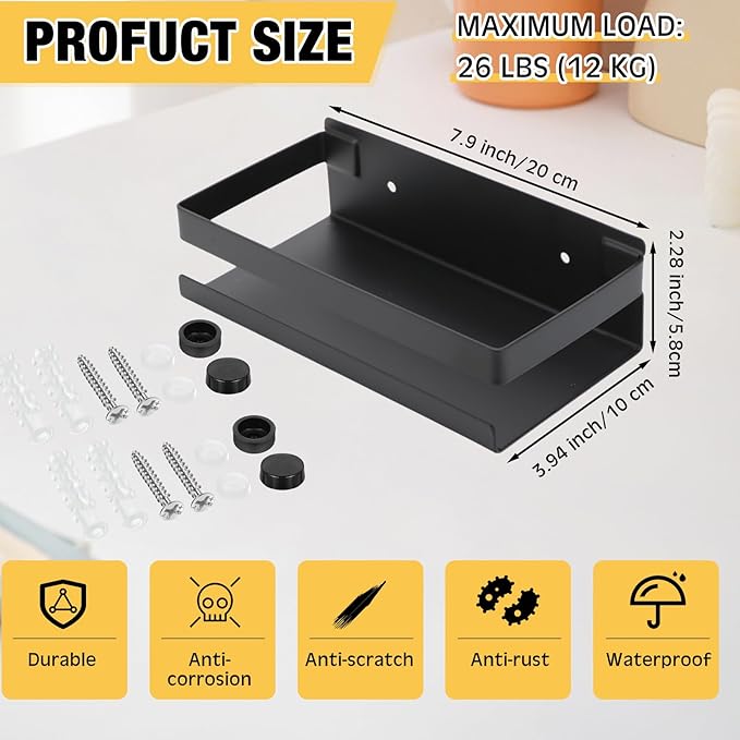 Lallisa 2 Pieces Stainless Steel Shelf Bathroom Shower Floating Shelves Wall Mounted Shower Caddy Basket Shelf Storage Organizer Shelves for Bathroom, Kitchen, Living Room (7.87 Inches/ 20 cm,Black) - Bloomnest