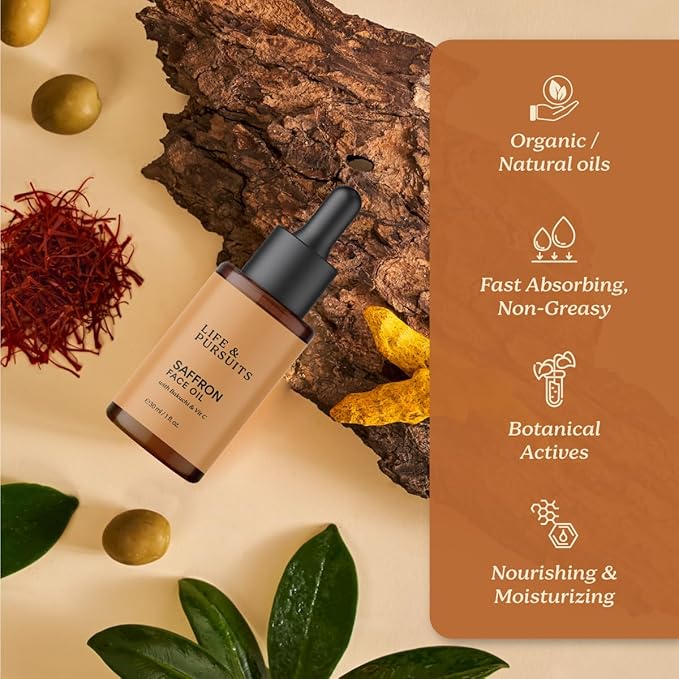 Life & Pursuits Saffron Face Oil 1 Fl Oz with Kashmir Saffron, Bakuchi, Vitamin C for Face Brightening, Moisturizing, Dark Spots, Fine Lines, Wrinkles. Lightweight Daily Face Massage oil | Anti-Aging - Bloomnest