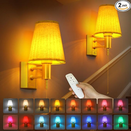 Rechargeable Wall Lights Gold Remote Control, 5200mAh Detachable Battery Wall Sconces, Wireless 16 Colors Timer & Dimmable Battery Wall Lamp for Bedroom, Living Room, Hallway - Bloomnest