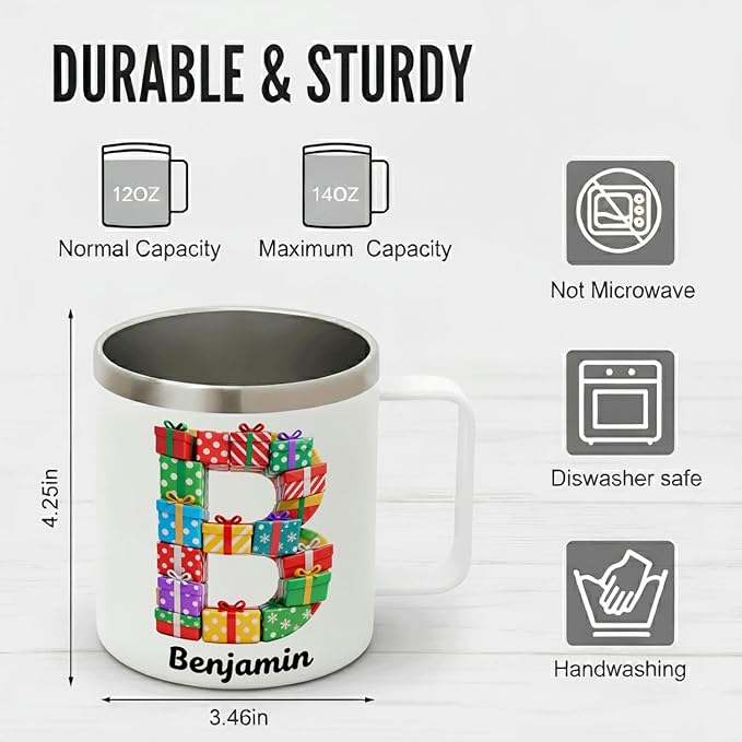 Personalized Christmas Mug with Name, 12oz Insulated Coffee Tumbler with Handle, Custom Present Wreath Initial Cup, Festive Holiday Xmas Gift for Women, Her, Mom(B04) - Bloomnest