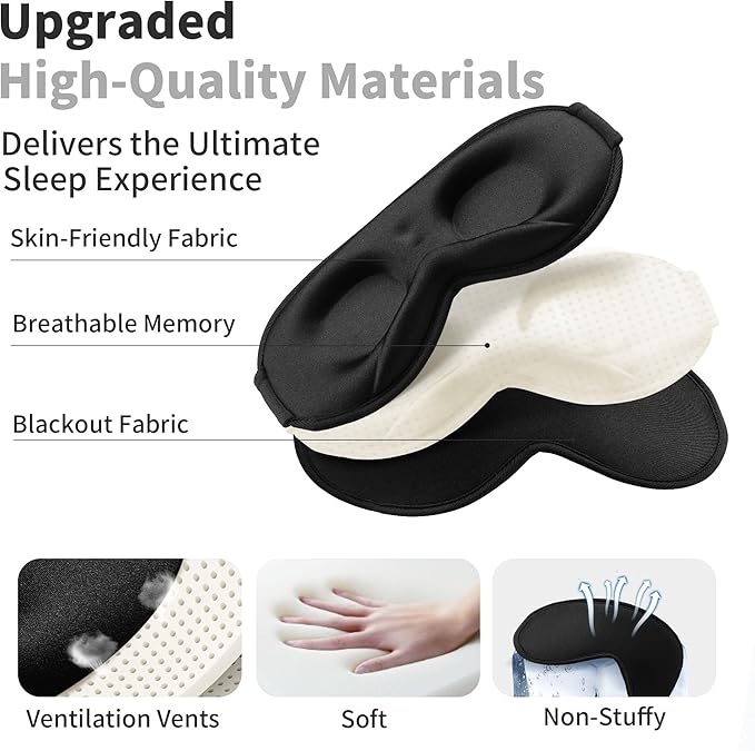 3D Sleep Mask for Men Women 2 Pack, Blackout Eye Mask for Sleeping Eye Mask for Side Sleeper, Memory Foam Adjustable&Washable, Airplane Travel Essentials Couples Yoga Meditation Office Black-Ice Silk - Bloomnest