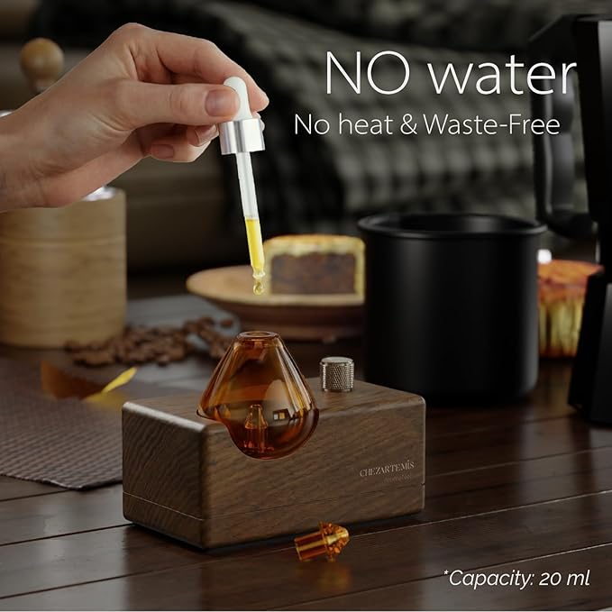 Amber Premium Glass Essential Oil Diffuser with Handmade Wood Base for Aromatherapy, Retro Waterless Scent Diffuser with Cool Mist, Rechargeable & Wireless Oil Nebulizer with LED & Timer, 2026 Model CHEZARTEMIS